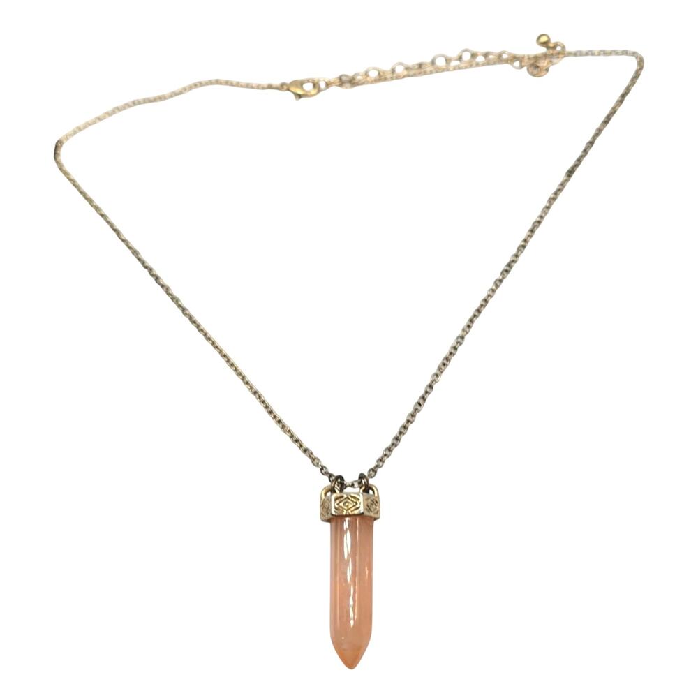 Peach Pink Pendant Necklace Elongated Faceted Gold Tone Cap Cable 18" SKU 2236